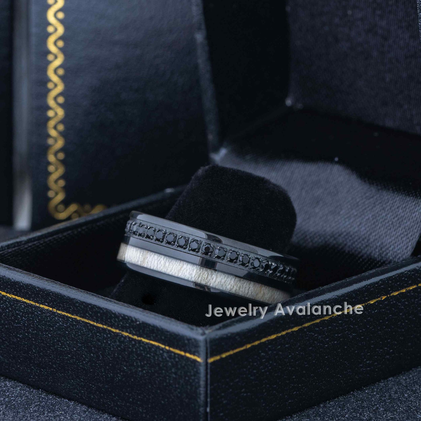 Jewelry Avalanche Black IP Eternity CZ with White Wood Inlay Pipe Cut Tungsten Carbide Wedding Band, Comfort-fit, 8mm