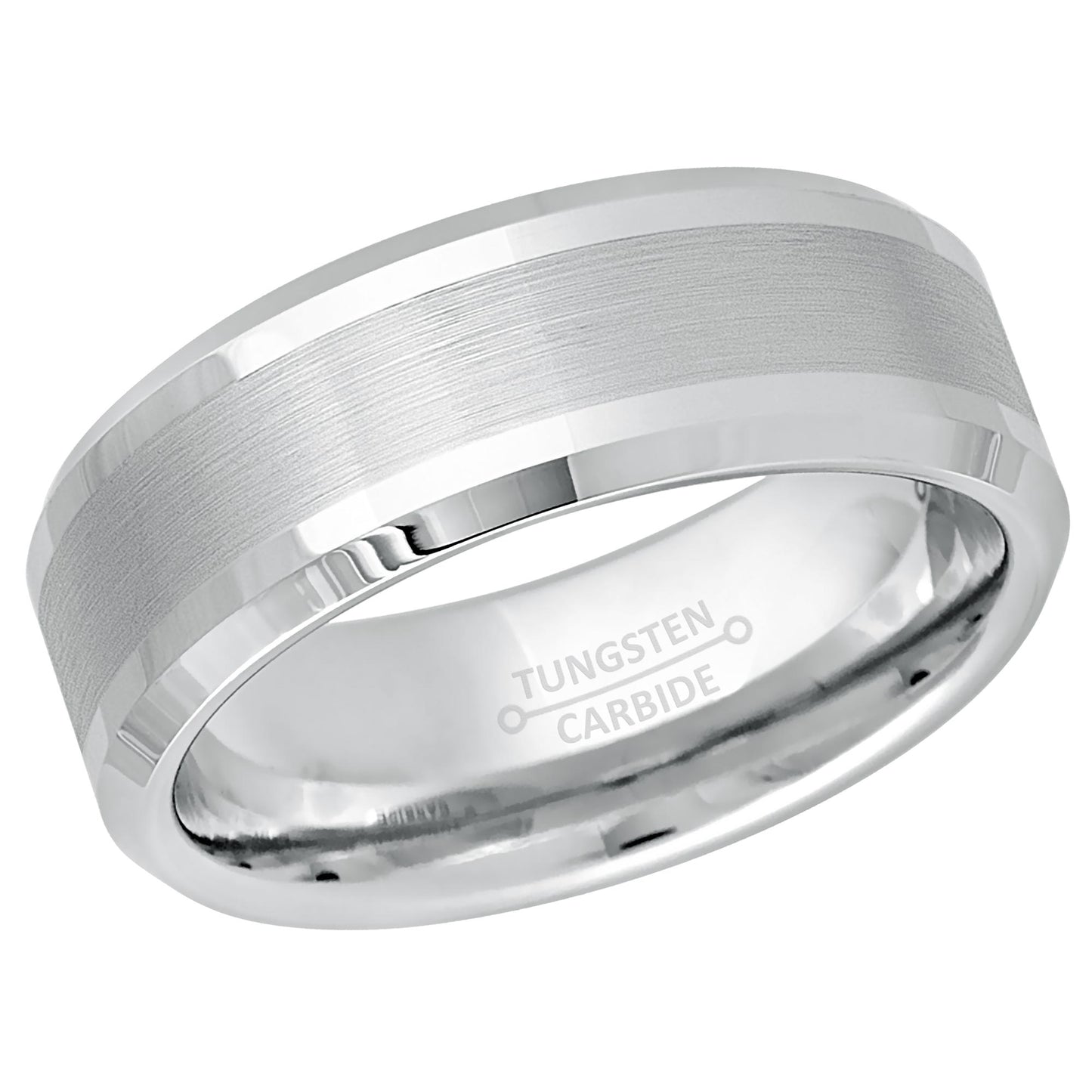 Jewelry Avalanche White Tungsten Wedding Band for Men, 8mm, Comfort Fit, Beveled Brushed Center