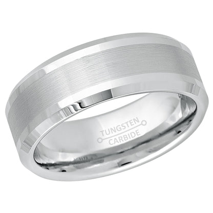 Jewelry Avalanche White Tungsten Wedding Band for Men, 8mm, Comfort Fit, Beveled Brushed Center