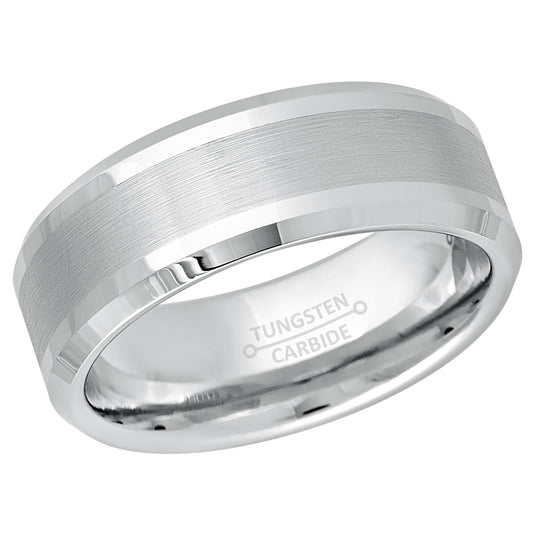 Jewelry Avalanche White Tungsten Wedding Band for Men, 8mm, Comfort Fit, Beveled Brushed Center