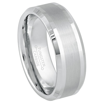 Jewelry Avalanche White Tungsten Wedding Band for Men, 8mm, Comfort Fit, Beveled Brushed Center