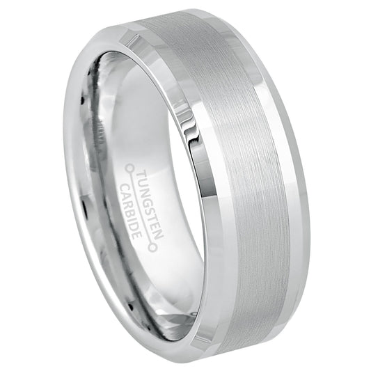 Jewelry Avalanche White Tungsten Wedding Band for Men, 8mm, Comfort Fit, Beveled Brushed Center