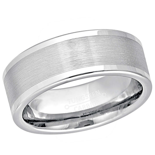 Jewelry Avalanche White Tungsten Wedding Band for Men, 8mm Comfort Fit, Pipe Cut Brushed Center