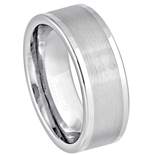 Jewelry Avalanche White Tungsten Wedding Band for Men, 8mm Comfort Fit, Pipe Cut Brushed Center