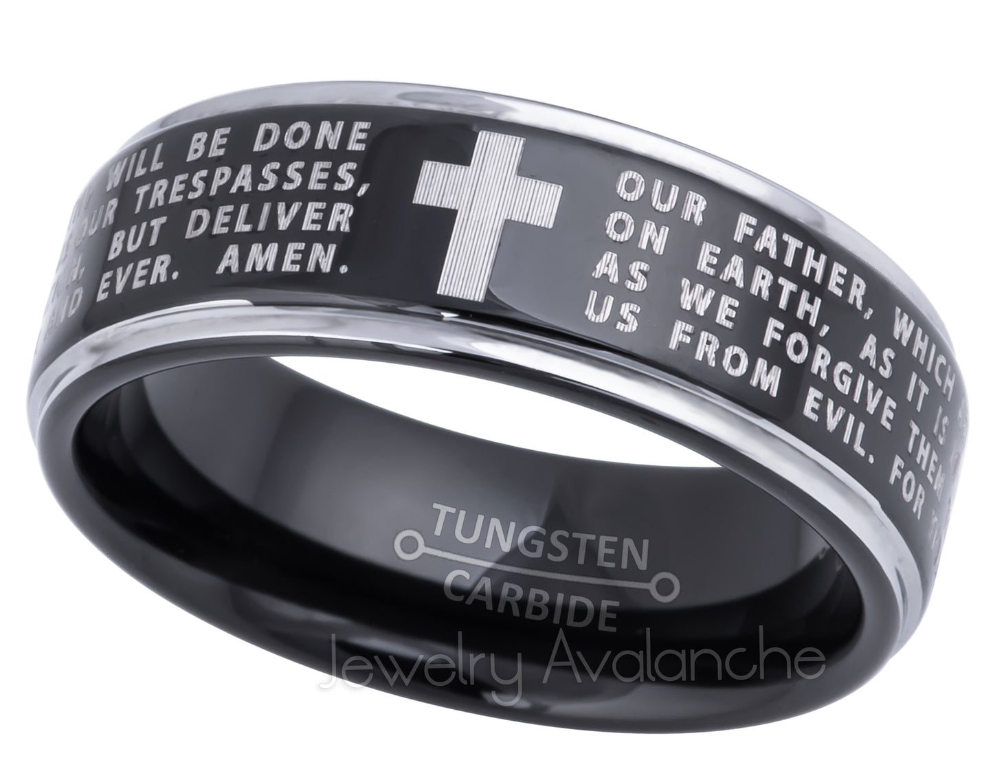 Jewelry Avalanche Lord's Prayer Ring, Black Tungsten Carbide Wedding Band, Comfort-fit, 8mm