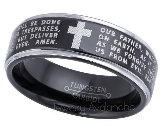 Jewelry Avalanche Lord's Prayer Ring, Black Tungsten Carbide Wedding Band, Comfort-fit, 8mm
