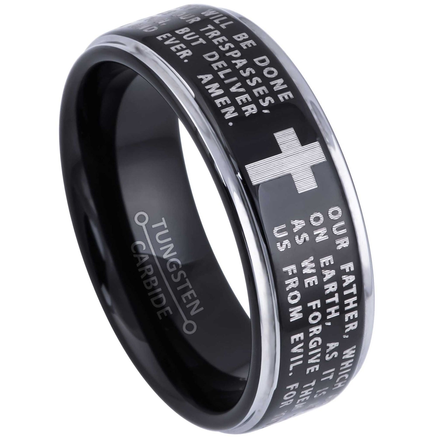 Jewelry Avalanche Lord's Prayer Ring, Black Tungsten Carbide Wedding Band, Comfort-fit, 8mm