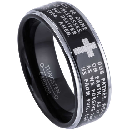 Jewelry Avalanche Lord's Prayer Ring, Black Tungsten Carbide Wedding Band, Comfort-fit, 8mm