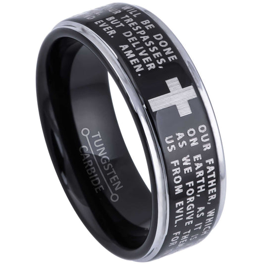 Jewelry Avalanche Lord's Prayer Ring, Black Tungsten Carbide Wedding Band, Comfort-fit, 8mm