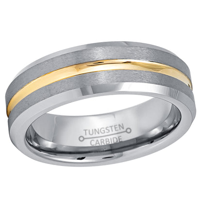 Jewelry Avalanche Brushed Sides Yellow IP Grooved Center Beveled Tungsten Carbide Wedding Band, Comfort-fit, 7mm
