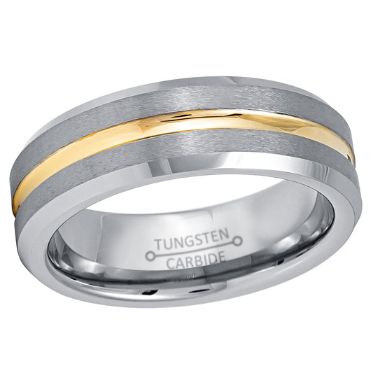 Jewelry Avalanche Brushed Sides Yellow IP Grooved Center Beveled Tungsten Carbide Wedding Band, Comfort-fit, 7mm