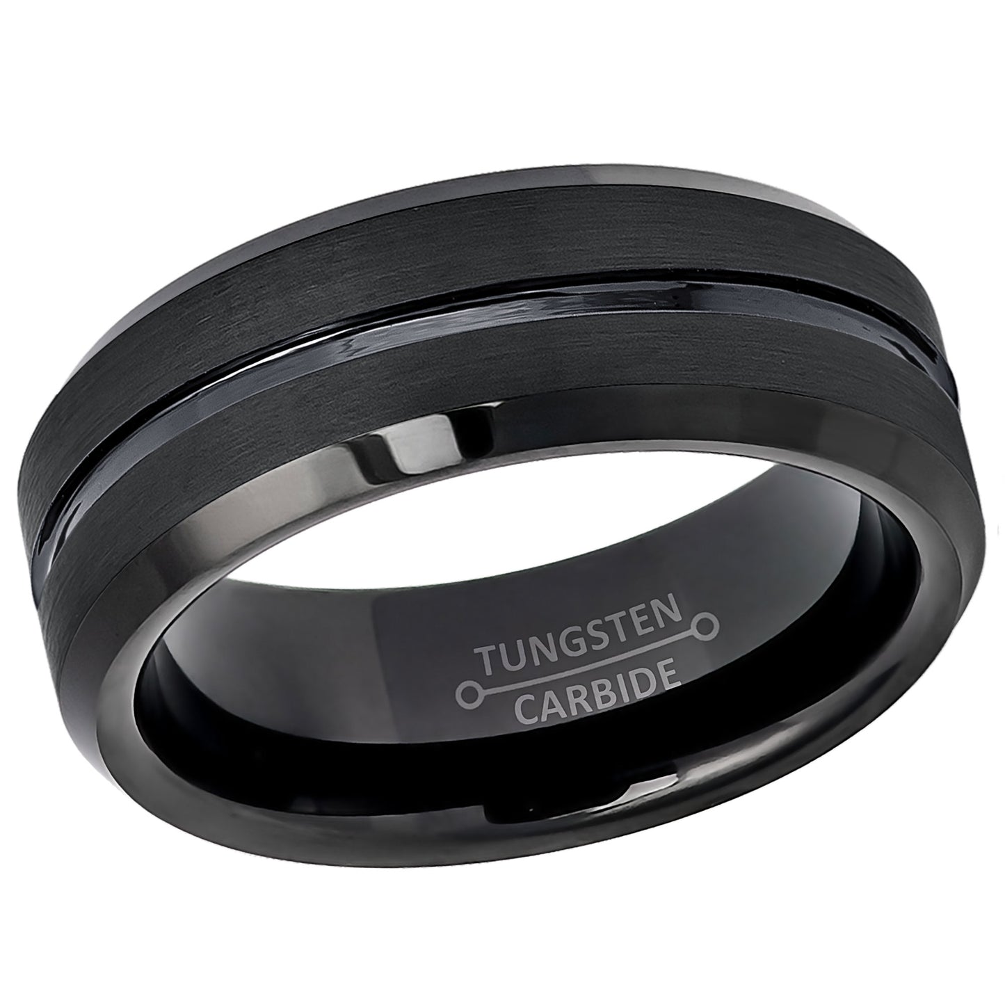 Jewelry Avalanche Black Brushed Sides Grooved Center Beveled Tungsten Carbide Wedding Band, Comfort-fit, 8mm