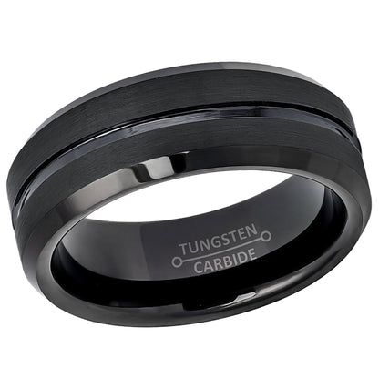 Jewelry Avalanche Black Brushed Sides Grooved Center Beveled Tungsten Carbide Wedding Band, Comfort-fit, 8mm