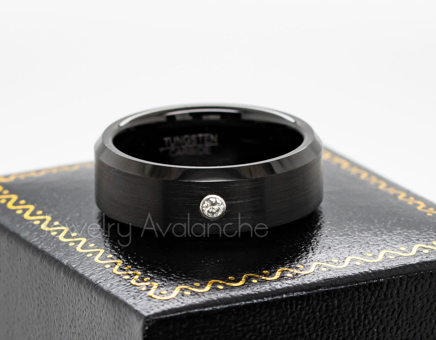 Jewelry Avalanche Mens Diamond Wedding Band Black Beveled Tungsten Carbide, Comfort-fit, 8mm