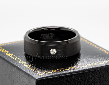 Jewelry Avalanche Mens Diamond Wedding Band Black Beveled Tungsten Carbide, Comfort-fit, 8mm
