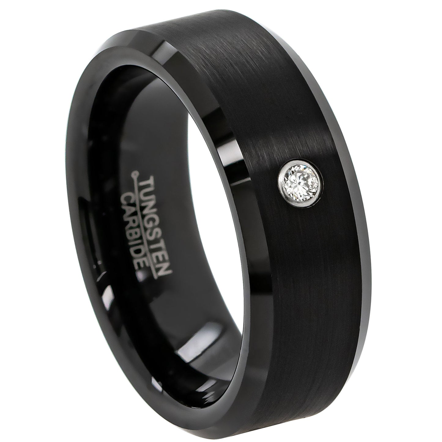 Jewelry Avalanche Mens Diamond Wedding Band Black Beveled Tungsten Carbide, Comfort-fit, 8mm