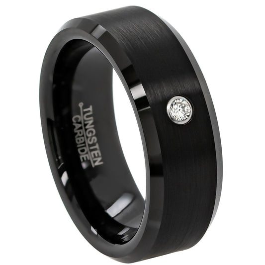 Jewelry Avalanche Mens Diamond Wedding Band Black Beveled Tungsten Carbide, Comfort-fit, 8mm