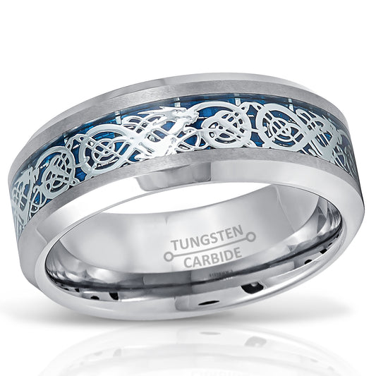 Jewelry Avalanche Blue Celtic Dragon Inlay Beveled Tungsten Carbide Wedding Band, Comfort-fit, 8mm