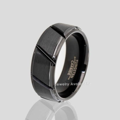 Jewelry Avalanche Black Diagonal Grooves Brushed Finish Beveled Tungsten Carbide Wedding Band, Comfort-fit, 8mm
