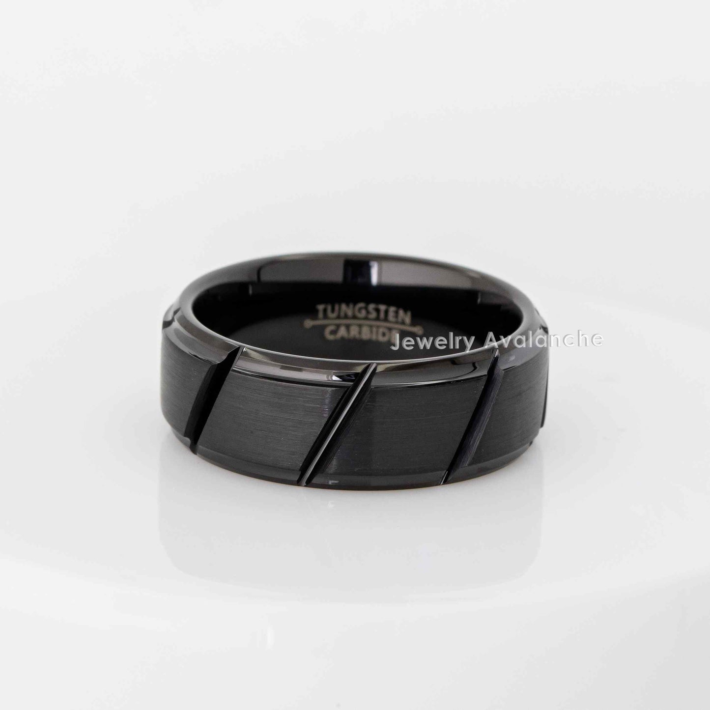 Jewelry Avalanche Black Diagonal Grooves Brushed Finish Beveled Tungsten Carbide Wedding Band, Comfort-fit, 8mm