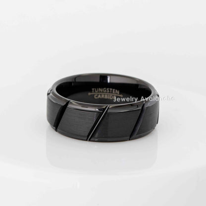 Jewelry Avalanche Black Diagonal Grooves Brushed Finish Beveled Tungsten Carbide Wedding Band, Comfort-fit, 8mm