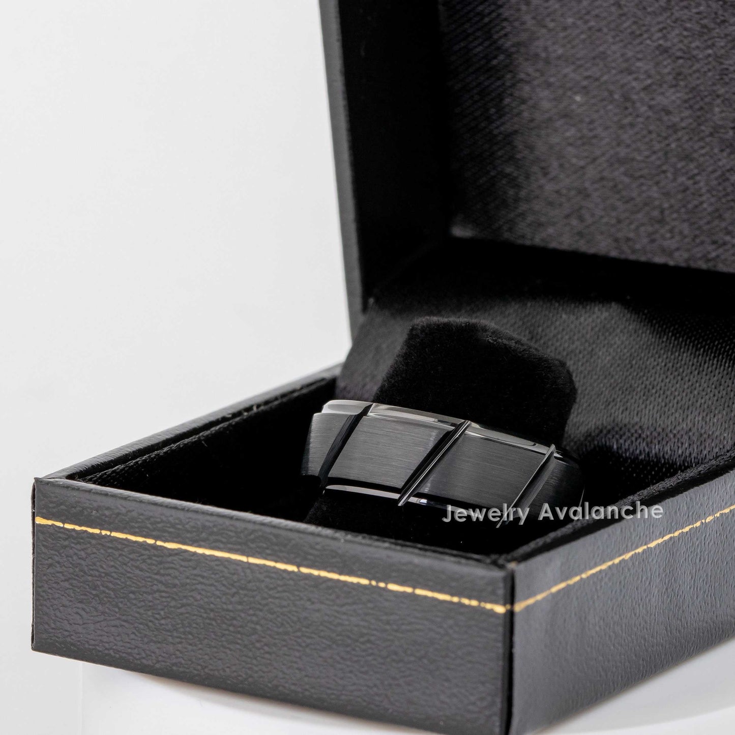Jewelry Avalanche Black Diagonal Grooves Brushed Finish Beveled Tungsten Carbide Wedding Band, Comfort-fit, 8mm