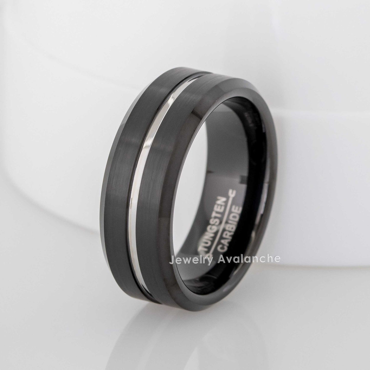 Jewelry Avalanche 2-Tone Grooved Silver Center Beveled Tungsten Carbide Wedding Band, Comfort-fit, 8mm