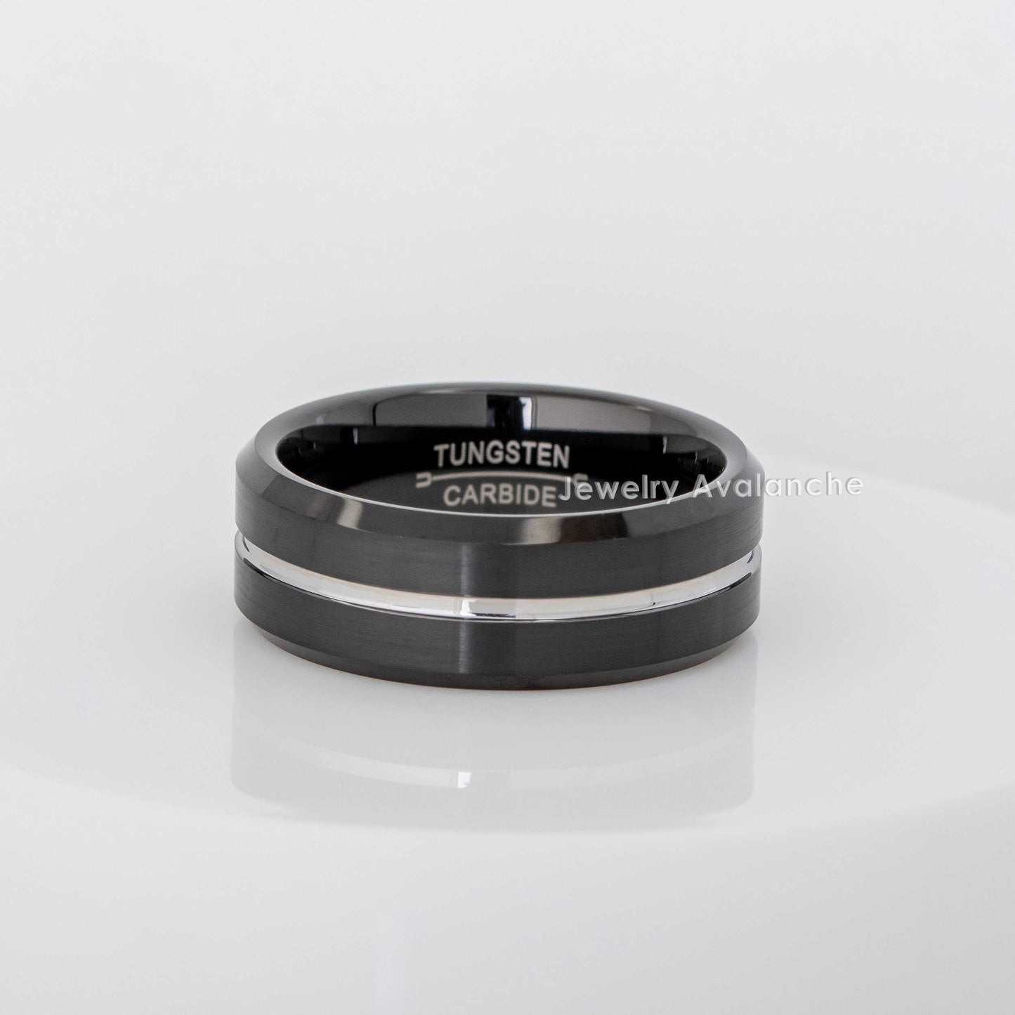 Jewelry Avalanche 2-Tone Grooved Silver Center Beveled Tungsten Carbide Wedding Band, Comfort-fit, 8mm
