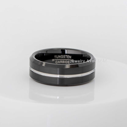 Jewelry Avalanche 2-Tone Grooved Silver Center Beveled Tungsten Carbide Wedding Band, Comfort-fit, 8mm