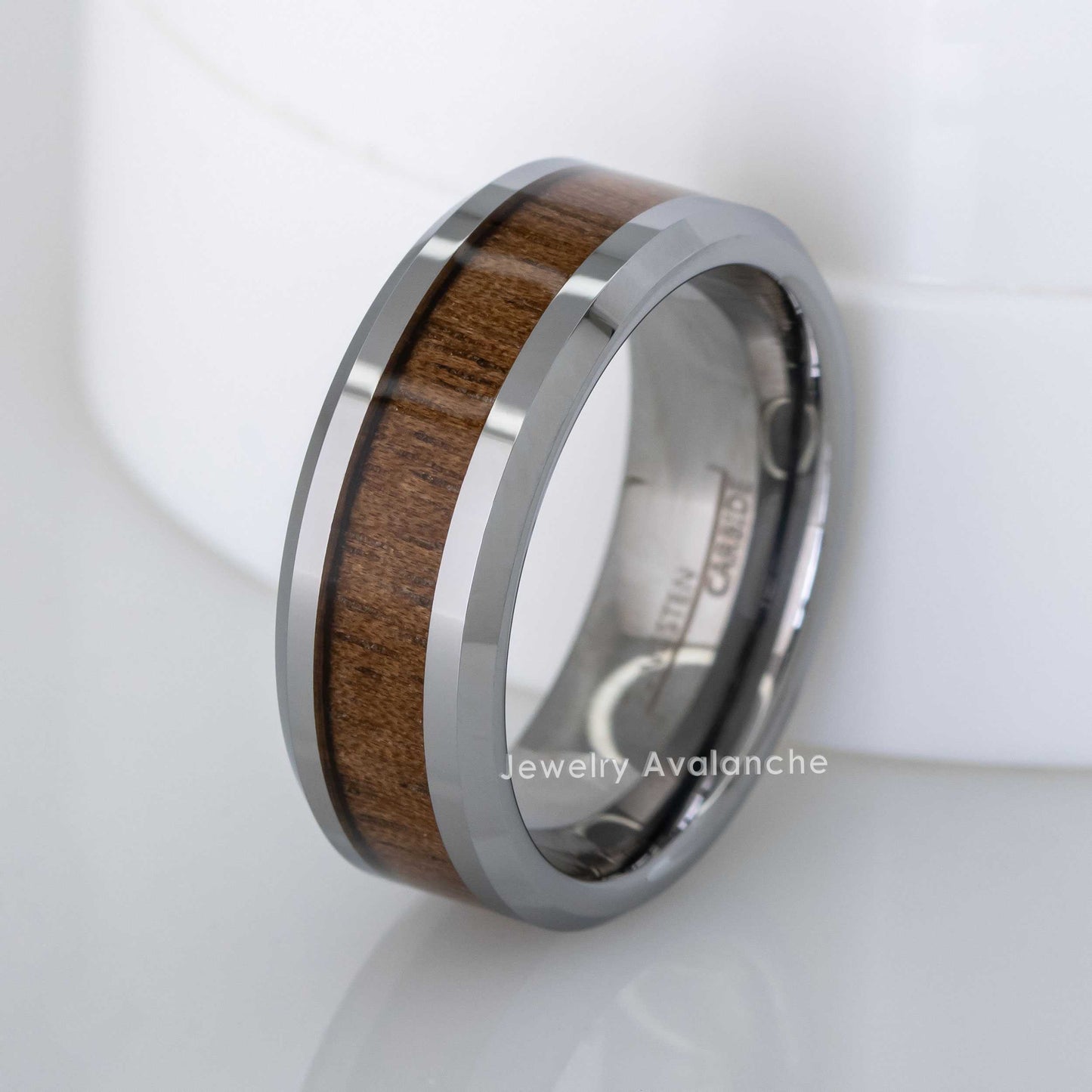 Jewelry Avalanche Mahogany Wood Inlay Beveled Tungsten Carbide Wedding Band, Comfort-fit, 8mm
