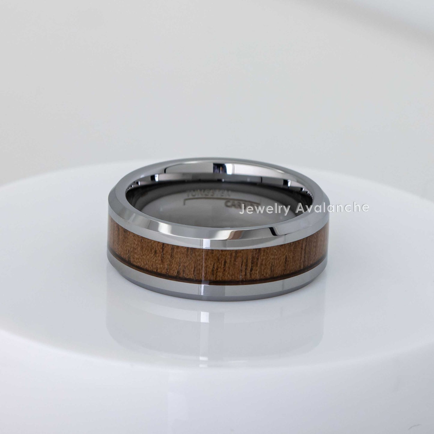 Jewelry Avalanche Mahogany Wood Inlay Beveled Tungsten Carbide Wedding Band, Comfort-fit, 8mm