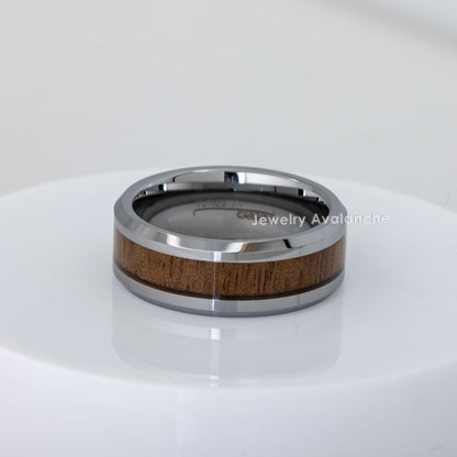 Jewelry Avalanche Mahogany Wood Inlay Beveled Tungsten Carbide Wedding Band, Comfort-fit, 8mm