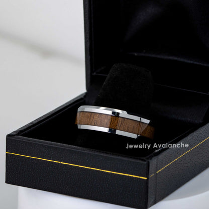 Jewelry Avalanche Mahogany Wood Inlay Beveled Tungsten Carbide Wedding Band, Comfort-fit, 8mm