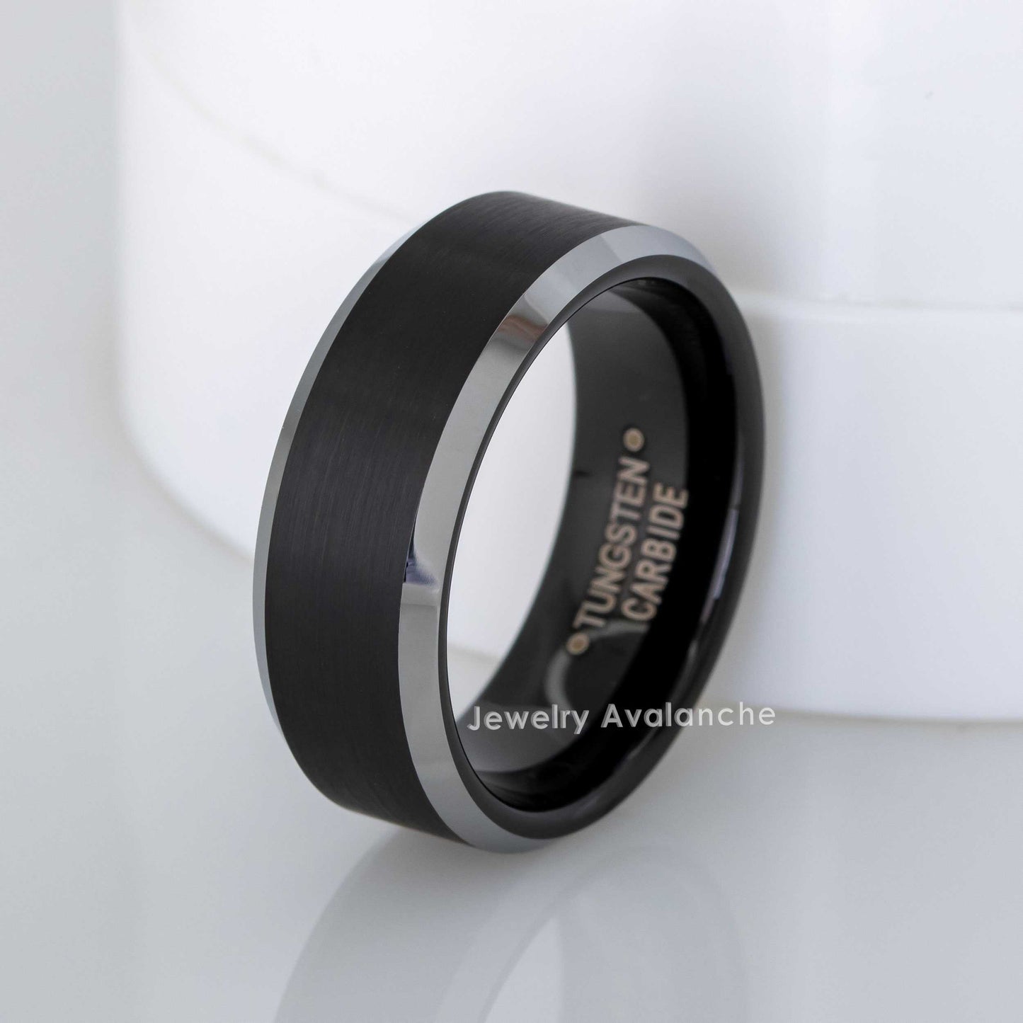 Jewelry Avalanche Black Brushed Finish Polished Beveled Edge Tungsten Carbide Wedding Band, Comfort-fit, 8mm
