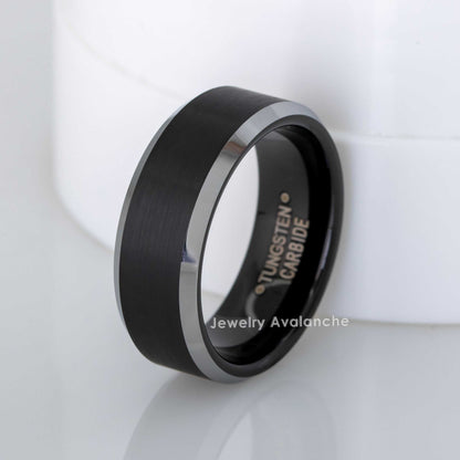 Jewelry Avalanche Black Brushed Finish Polished Beveled Edge Tungsten Carbide Wedding Band, Comfort-fit, 8mm