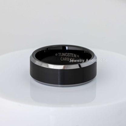 Jewelry Avalanche Black Brushed Finish Polished Beveled Edge Tungsten Carbide Wedding Band, Comfort-fit, 8mm