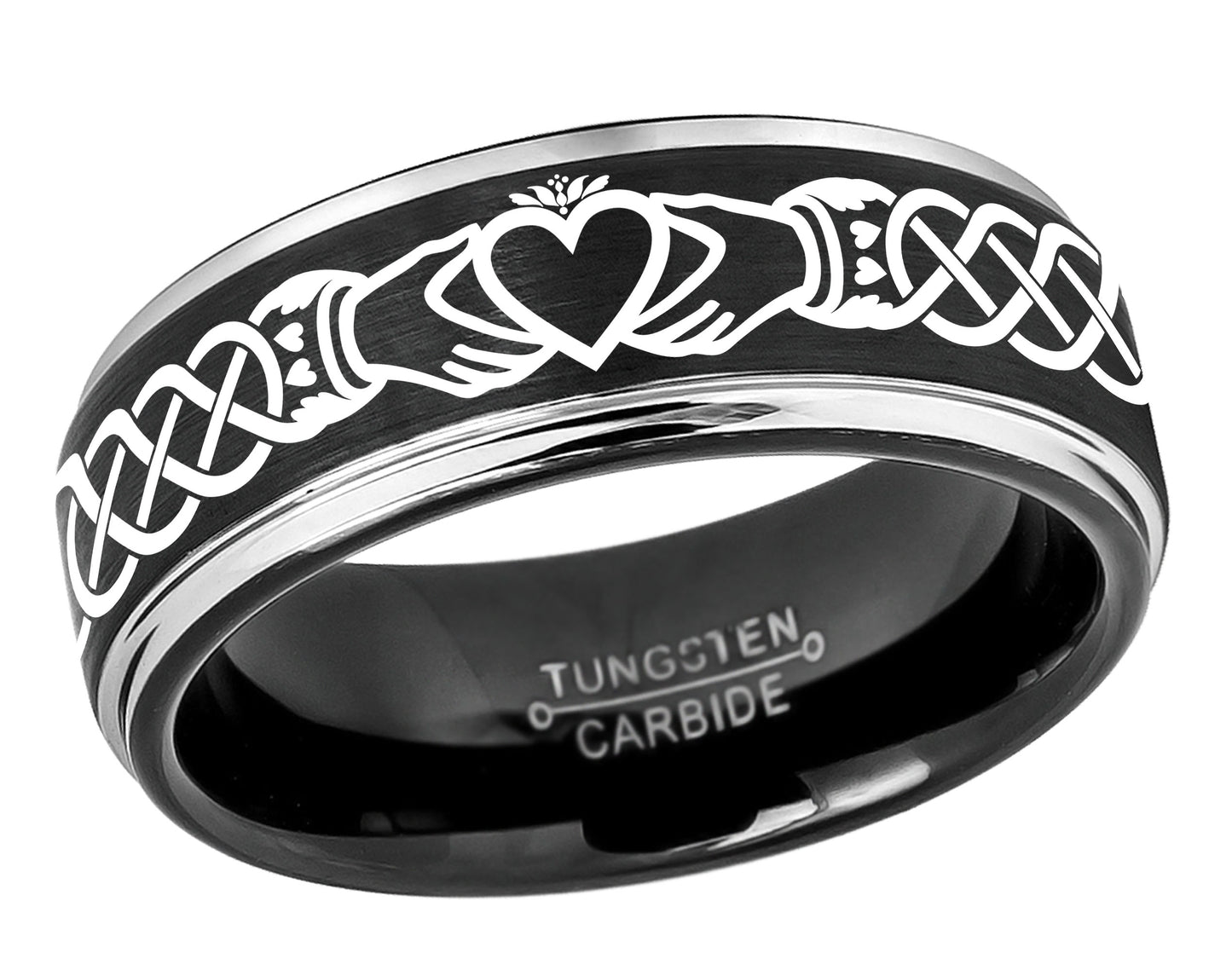 Jewelry Avalanche Mens Claddagh Black Tungsten Carbide Wedding Band, Comfort-fit, 8mm