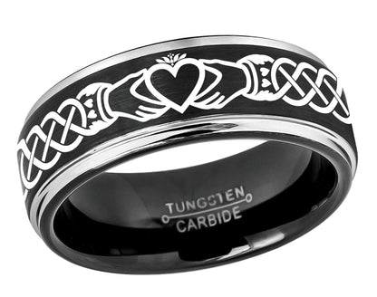 Jewelry Avalanche Mens Claddagh Black Tungsten Carbide Wedding Band, Comfort-fit, 8mm