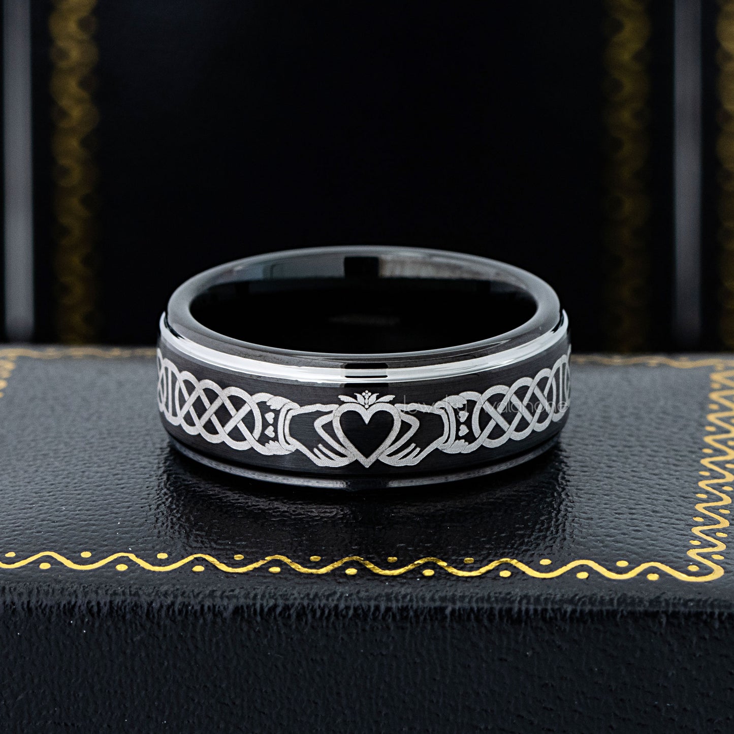 Jewelry Avalanche Mens Claddagh Black Tungsten Carbide Wedding Band, Comfort-fit, 8mm