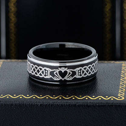 Jewelry Avalanche Mens Claddagh Black Tungsten Carbide Wedding Band, Comfort-fit, 8mm