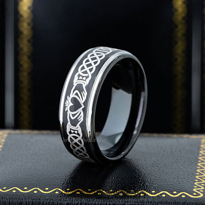 Jewelry Avalanche Mens Claddagh Black Tungsten Carbide Wedding Band, Comfort-fit, 8mm