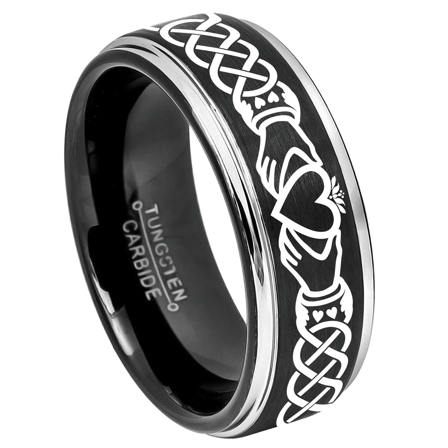 Jewelry Avalanche Mens Claddagh Black Tungsten Carbide Wedding Band, Comfort-fit, 8mm