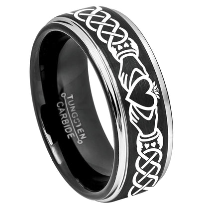 Jewelry Avalanche Mens Claddagh Black Tungsten Carbide Wedding Band, Comfort-fit, 8mm