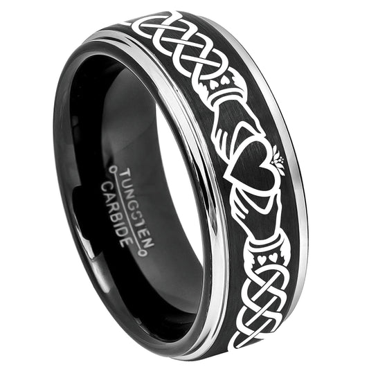 Jewelry Avalanche Mens Claddagh Black Tungsten Carbide Wedding Band, Comfort-fit, 8mm