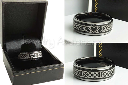 Jewelry Avalanche Mens Claddagh Black Tungsten Carbide Wedding Band, Comfort-fit, 8mm