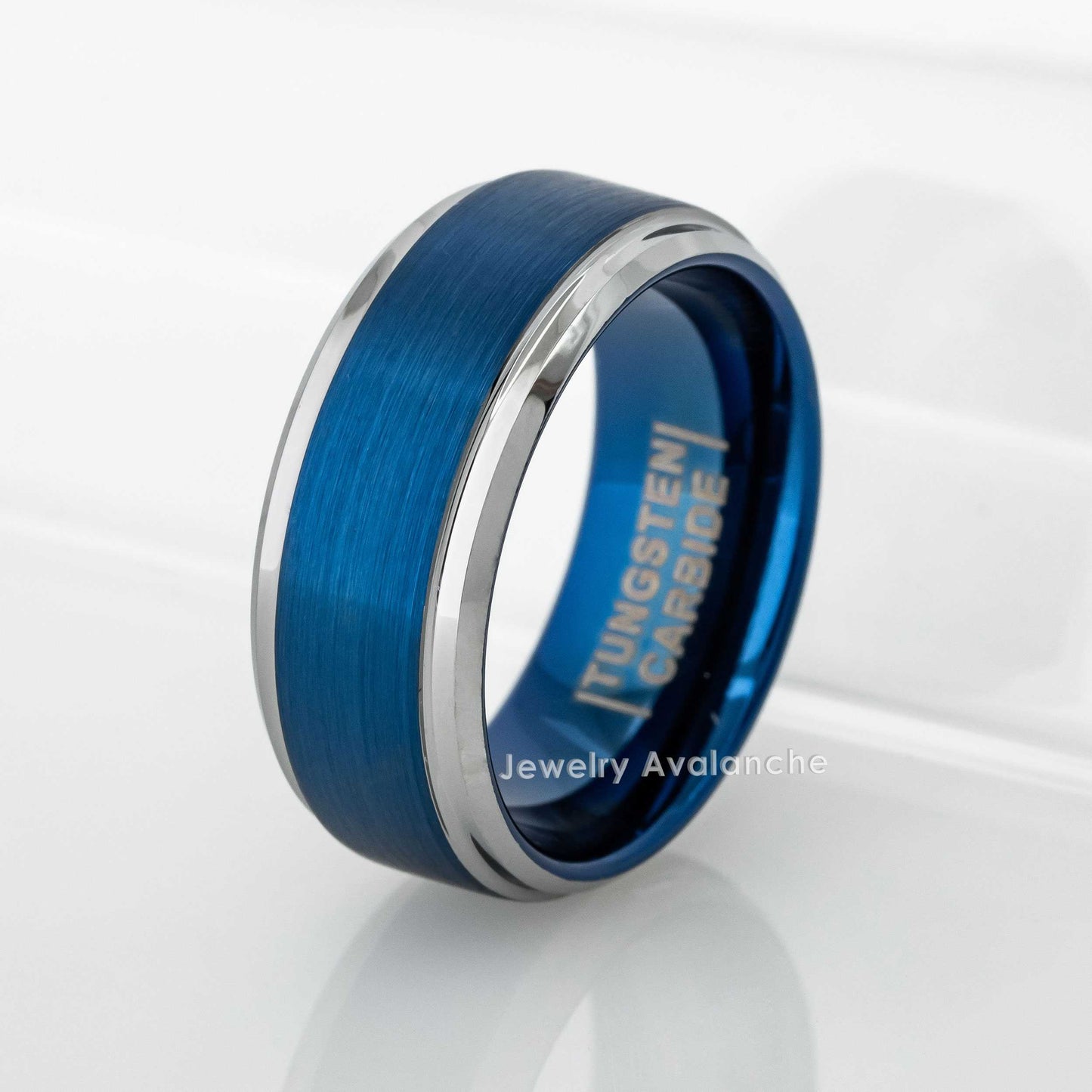 Jewelry Avalanche Blue Brushed Finish Polished Stepped Beveled Tungsten Carbide Wedding Band, Comfort-fit, 9mm