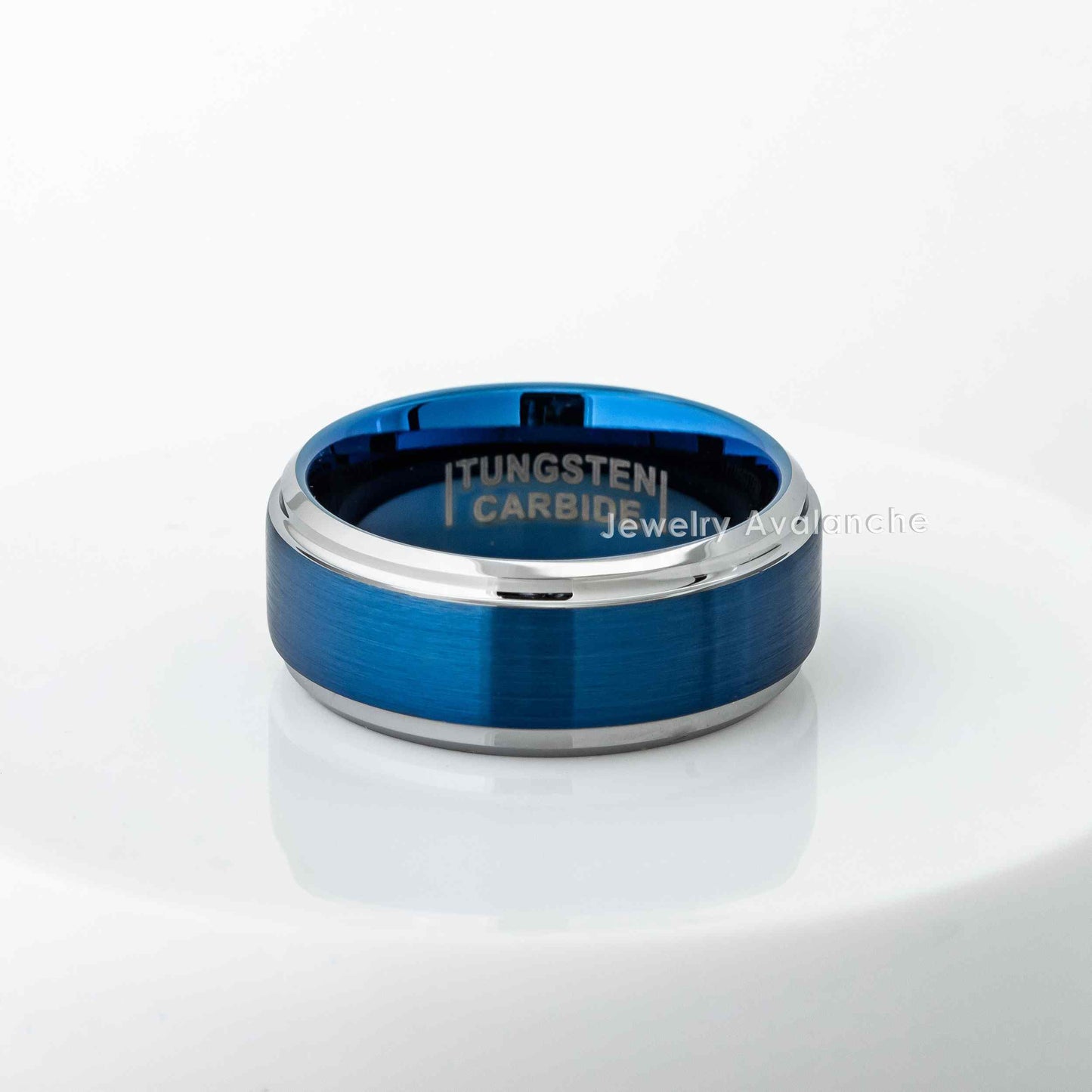 Jewelry Avalanche Blue Brushed Finish Polished Stepped Beveled Tungsten Carbide Wedding Band, Comfort-fit, 9mm