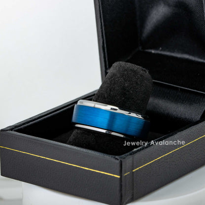 Jewelry Avalanche Blue Brushed Finish Polished Stepped Beveled Tungsten Carbide Wedding Band, Comfort-fit, 9mm