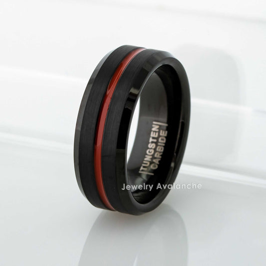 Jewelry Avalanche Black Brushed Sides Red IP Grooved Center Beveled Tungsten Carbide Wedding Band, Comfort-fit, 8mm