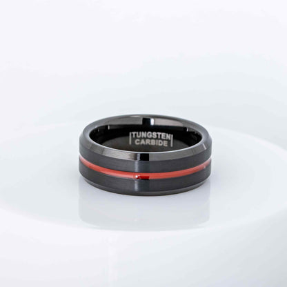 Jewelry Avalanche Black Brushed Sides Red IP Grooved Center Beveled Tungsten Carbide Wedding Band, Comfort-fit, 8mm